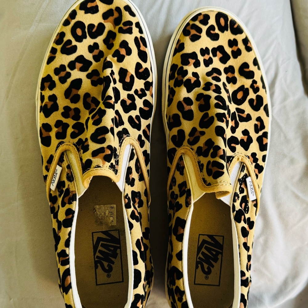 Vans Tan and Black Leopard Slip-Ons